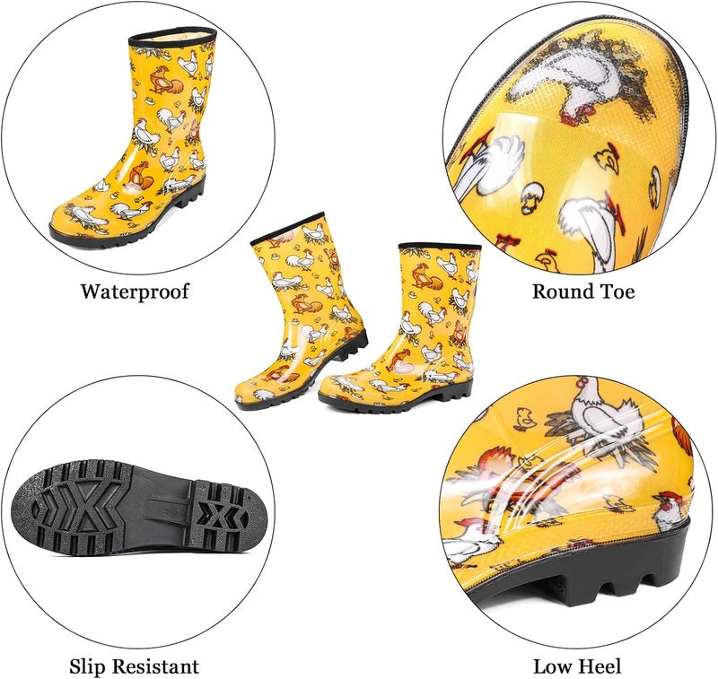 DKSUKO Store Waterproof Womens Rain Boots insulated,Lightweight Rubber fashion Boots in Gardening,Warm and Comfortable Wide Calf Rain Boots with Glossy in Outdoor (Chicken Yellow, 9) - Image 5